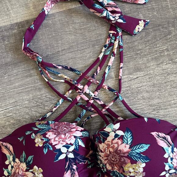 Ambrielle NEW Push Up Bandeau Floral D Cup Swim Tankini Top M/L Strappy Halter - Picture 5 of 9